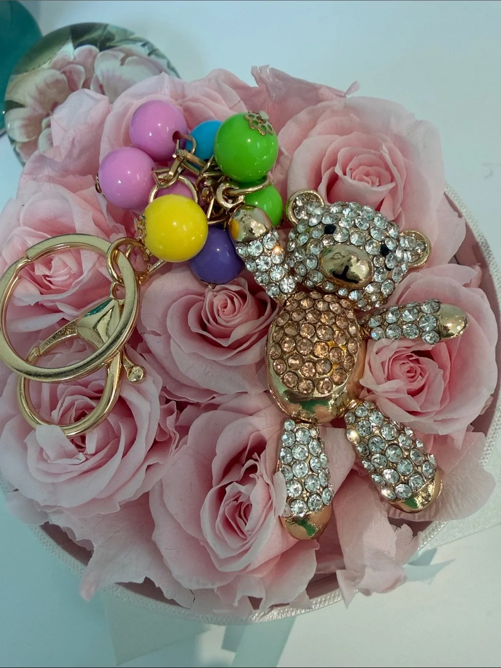 Crystal Teddy Bear Keychain with Colorful Bead Charms NWT